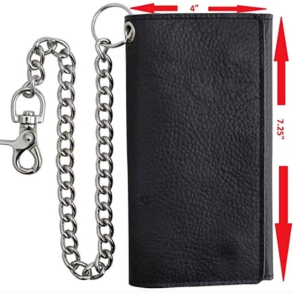 Men's Cowhide Black Leather Trifold Chain Motorcycle Biker Long Checkbook Wallet - Picture 2 of 8